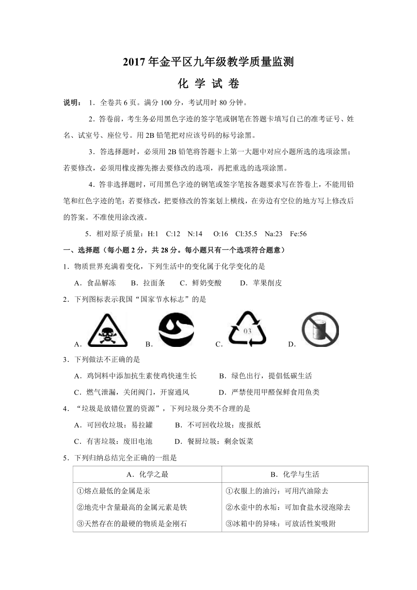 广东省汕头市金平区2017届九年级下学期模拟考试化学试卷