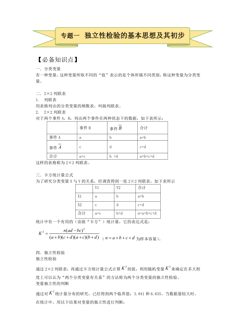 第3章统计案例专题专解1 独立性检验的基本思想及其初步应用 必备知识点+巩固练习-2020-2021学年人教A版高中数学选修2-3（含答案）