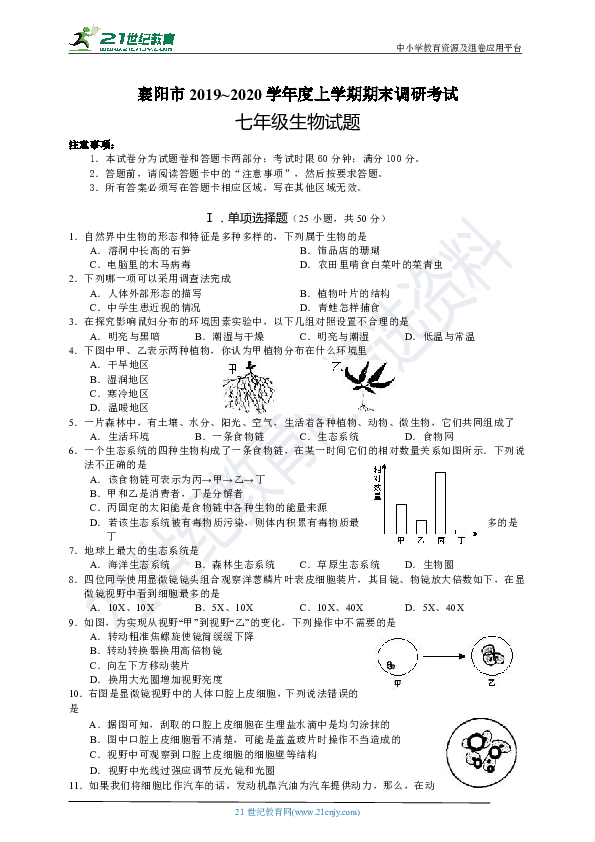 人教版襄阳市七年级生物19-20学年上学期期末试题+答案