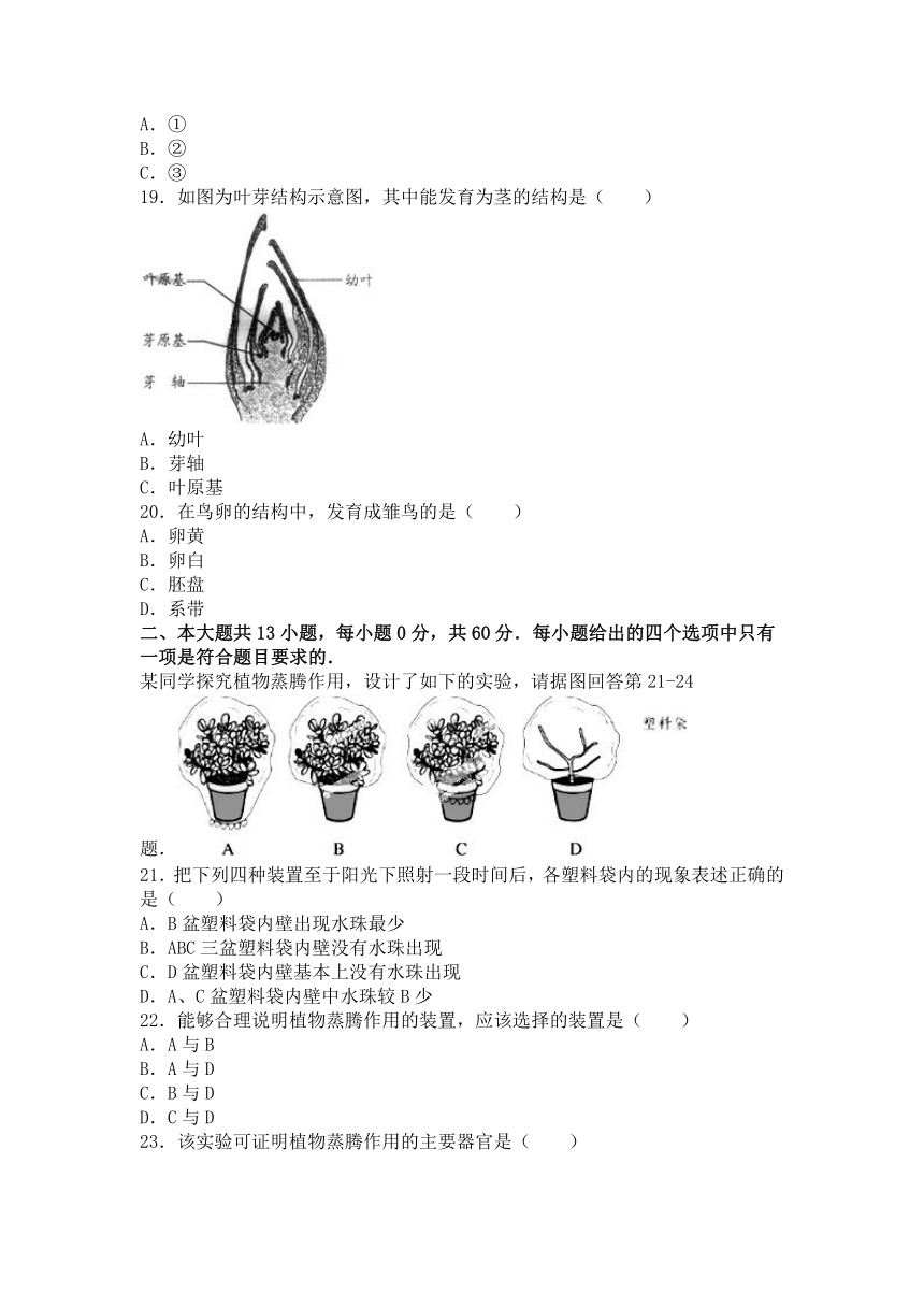 江苏省淮安市洪泽外国语中学2015-2016学年上学期八年级（上）第三次调研生物试卷（解析版）