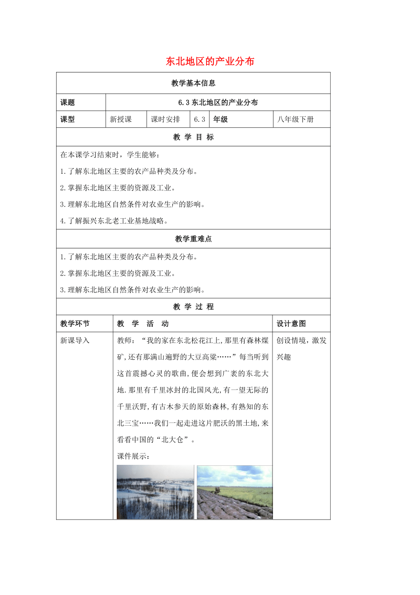 八年级地理下册 6.3 东北地区的产业分布 教案 新版湘教版