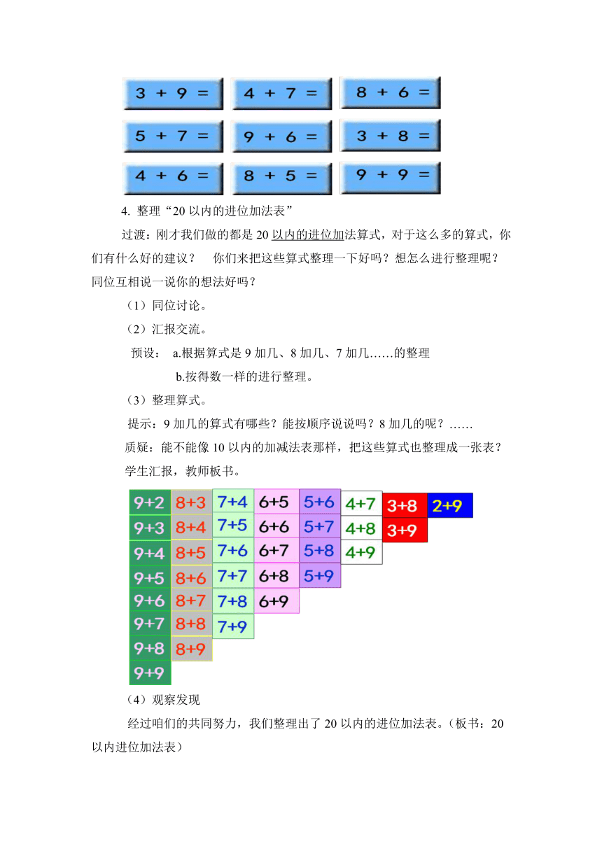 数学一年级上青岛版第七单元第6课时回顾整理---20以内的进位加法教案