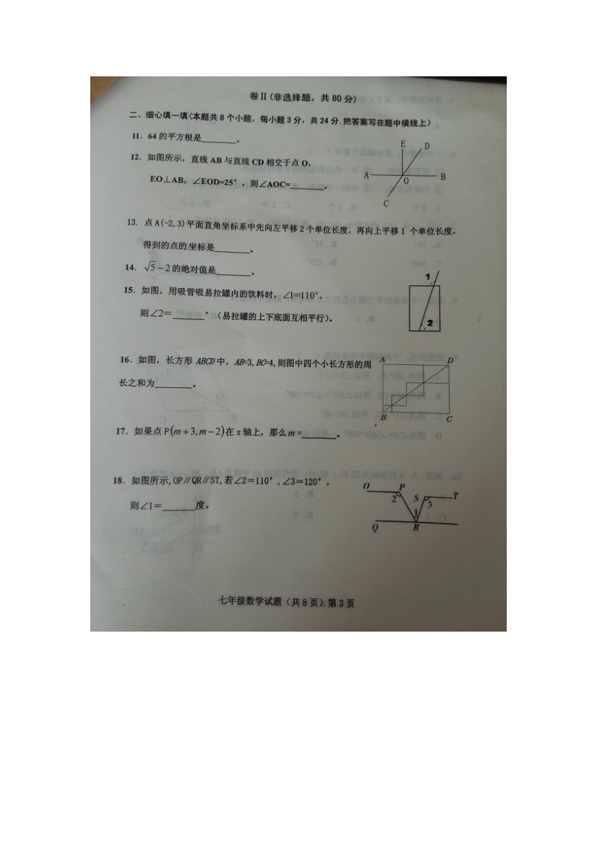 河北省廊坊市文安县2016-2017学年七年级下学期期中考试数学试题（图片版）