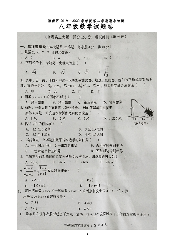 重庆市潼南区2019—2020学年度第二学期期末检测八年级数学试题卷(扫描版 含答案)
