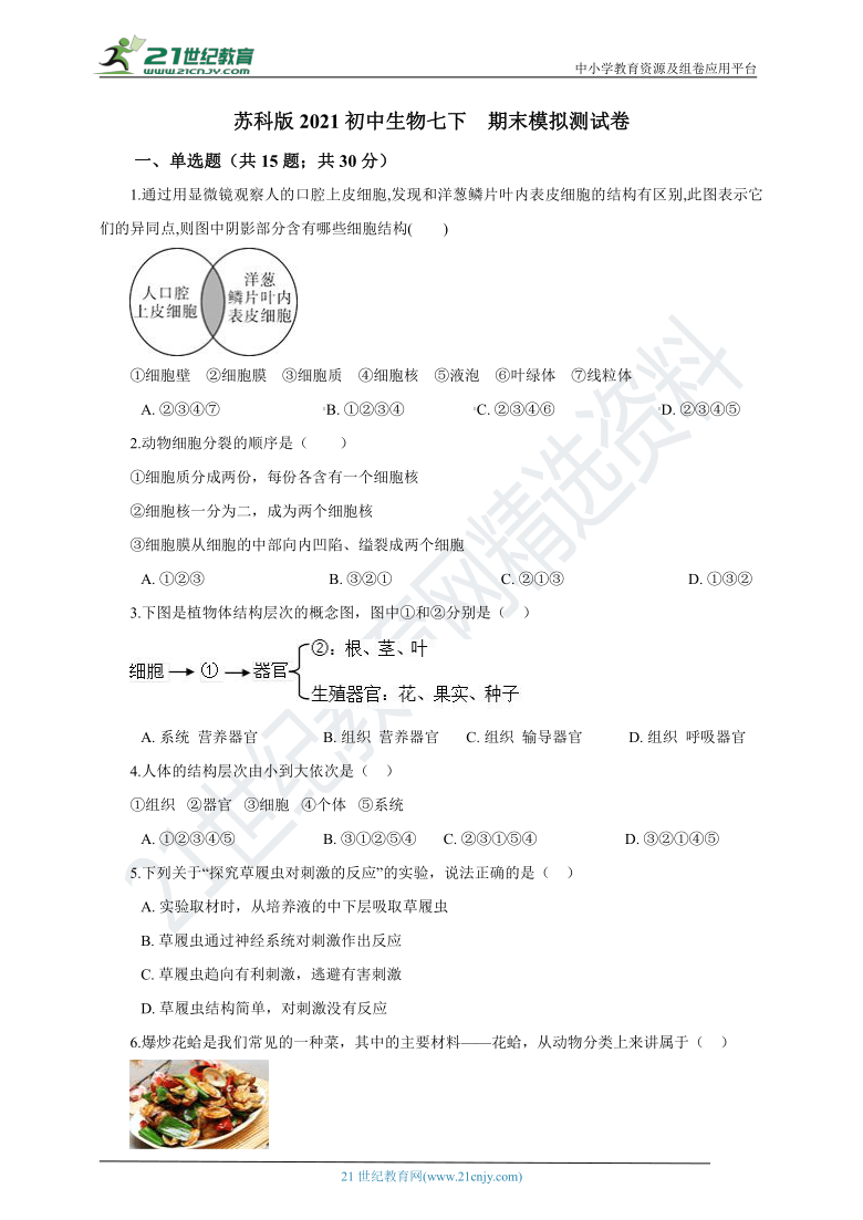 苏科版2021初中生物七下  期末模拟测试卷（含解析）