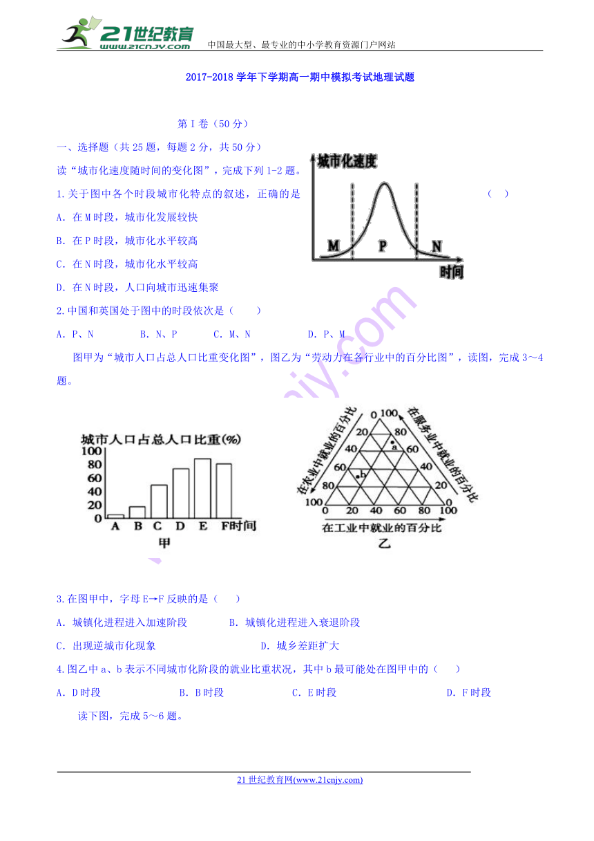 山东省沂水县第一中学2017-2018学年高一下学期期中考试地理试题 Word版含答案