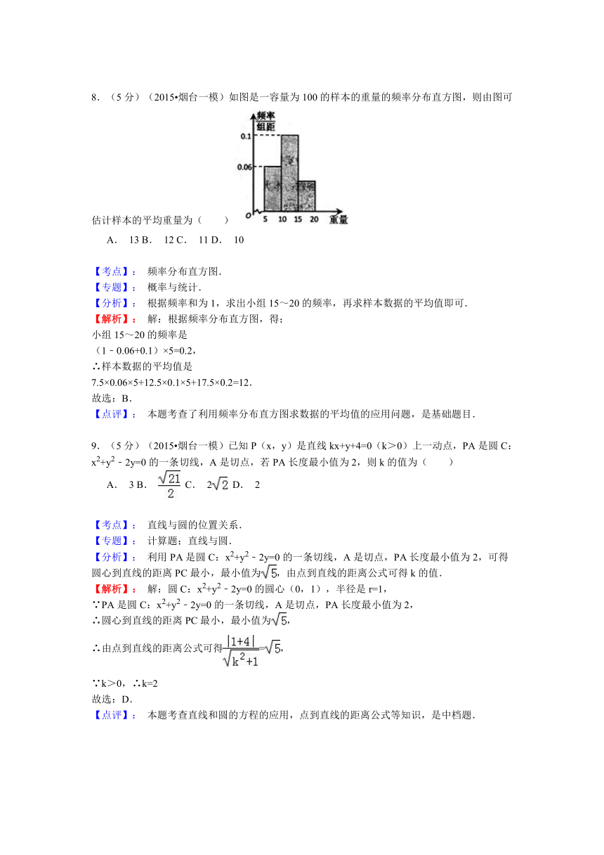 山东省烟台市2015届高三下学期一模诊断测试数学（文）试题（解析版）