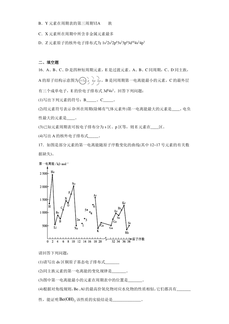 2020-2021学年高二化学鲁科版（2019）选择性必修2第一章《原子结构与元素性质》测试题（含答案）