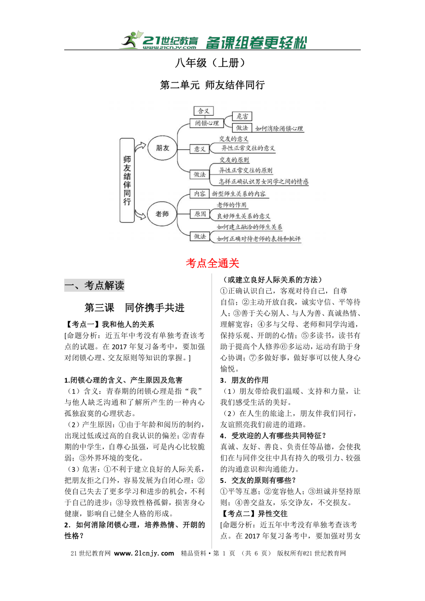 2017思想品德中考一轮复习知识体系和中考真题练习 八上第二单元 师友结伴同行