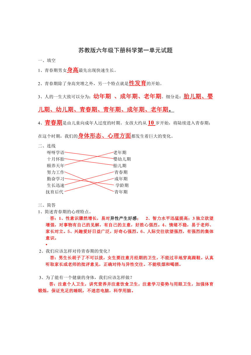 小学科学苏教版六年级下册1-6单元检测题（含答案）