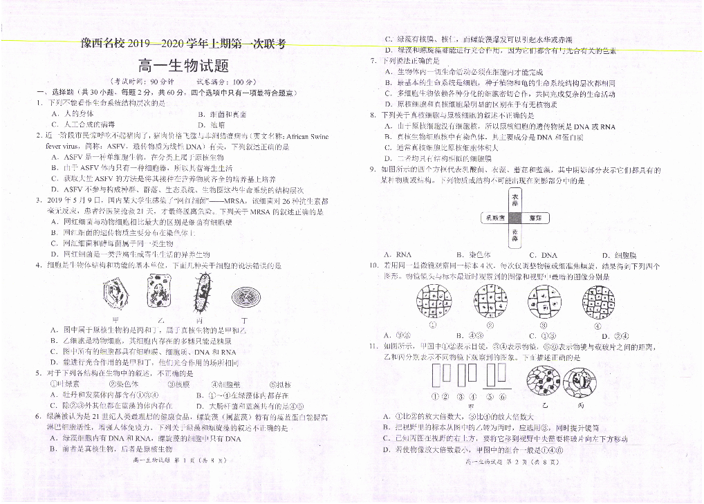 河南省豫西名校2019-2020学年高一上学期第一次联考生物试题 PDF版