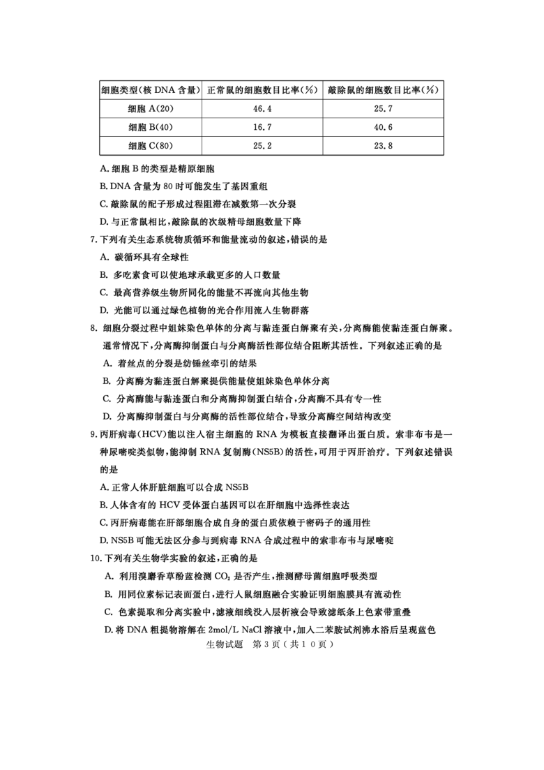 山东省济宁市2021届高三下学期3月模拟（一模）生物试题       PDF版含答案