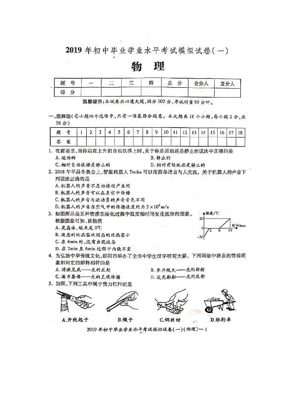湖南省邵阳县2019年初中毕业学业水平考试物理模拟卷（扫描版，有答案）