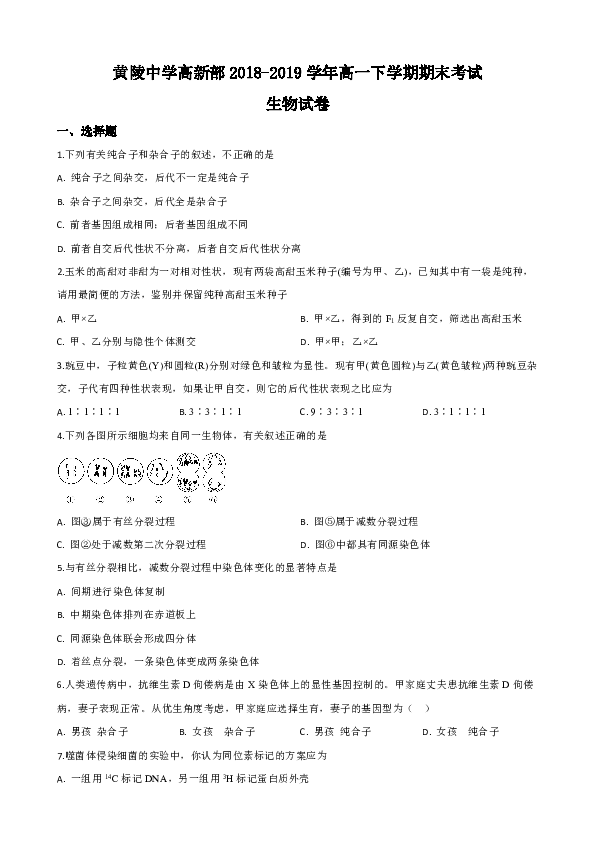 陕西省延安市黄陵中学高新部2018-2019学年高一下学期期末考试生物试卷(含解析)