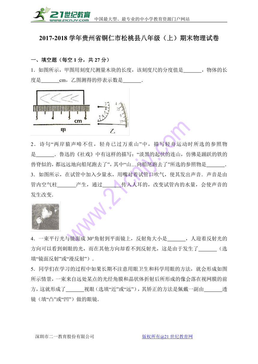 贵州省铜仁市松桃县2017-2018学年八年级上学期期末考试物理试卷（WORD版）