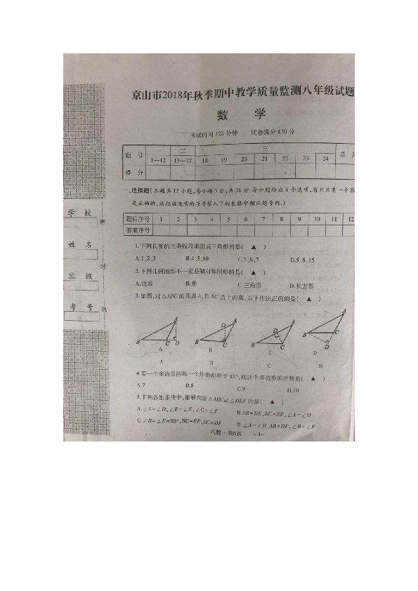 湖北省京山市2018-2019学年第一学期期中教学质量监测八年级数学试卷（图片版含答案）