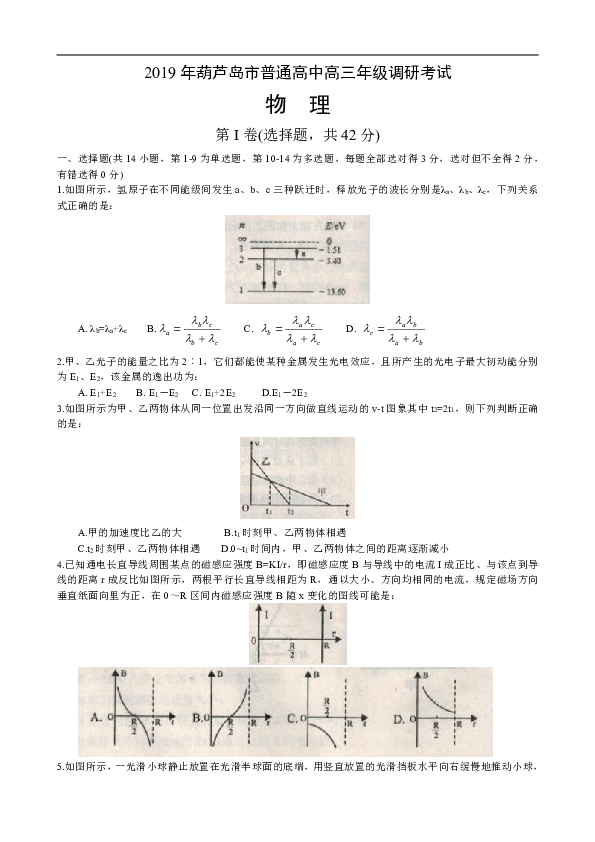 辽宁省葫芦岛市2019届高三上学期期末调研考试物理试卷