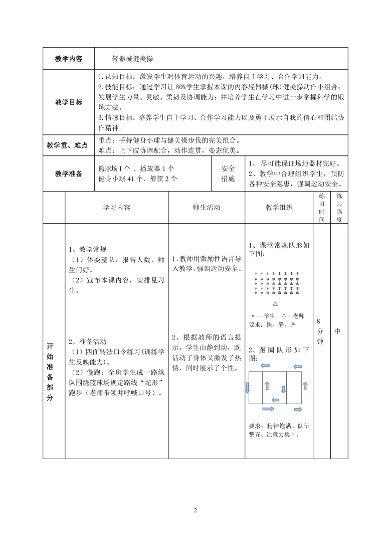 华东师大版八年级体育与健康 4.2体操类运动的基本技术  轻器械健美操  教案