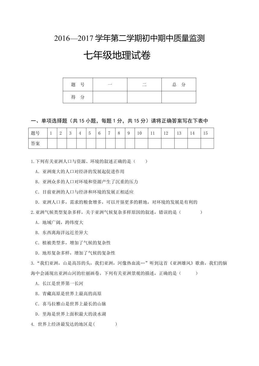 江西省高安市2016-2017学年第二学期期中考试七年级地理试题