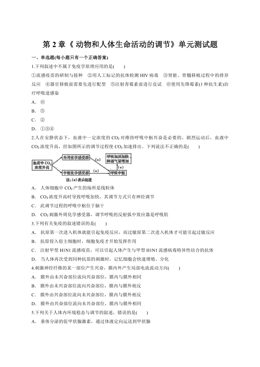 人教版高中生物必修三第2章《 动物和人体生命活动的调节》单元测试题（解析版）