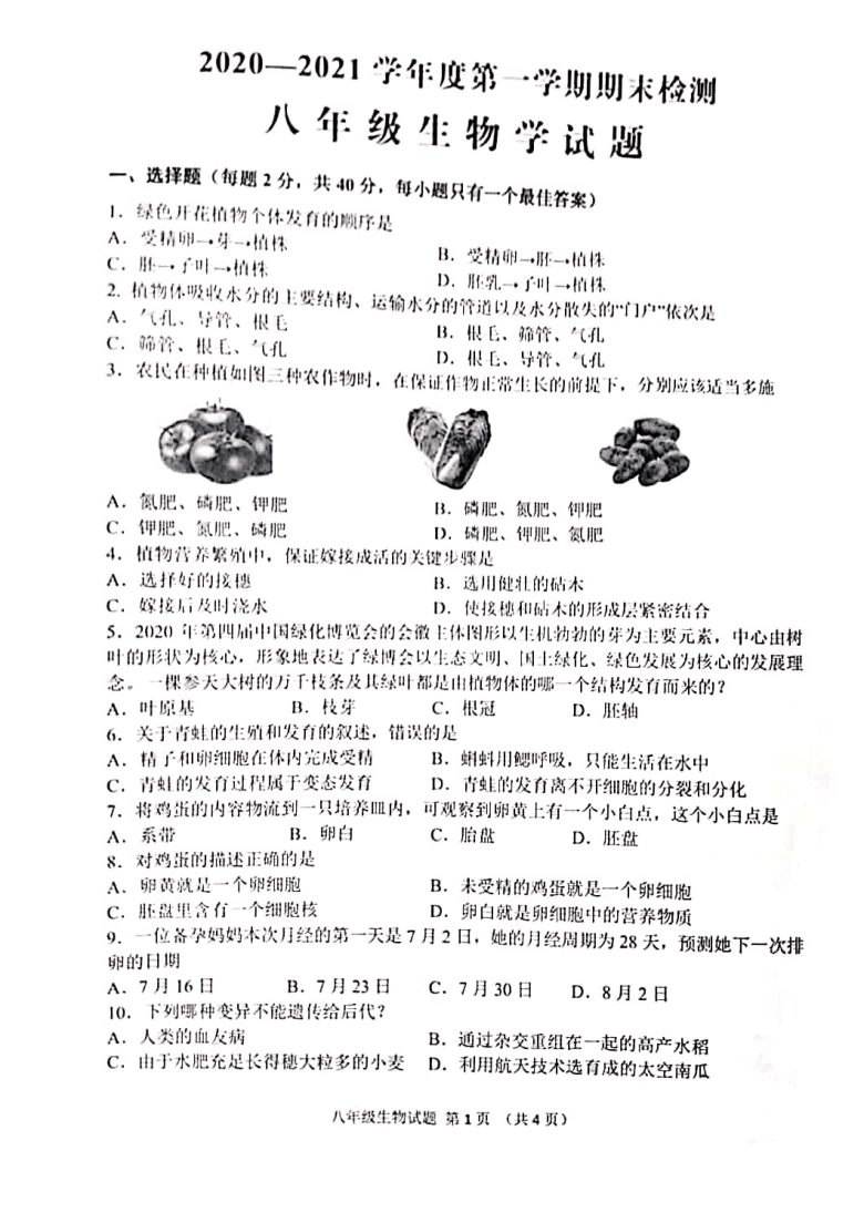 山东省济宁市邹城市2020-2021学年第一学期八年级生物期末试题（扫描版，含答案）