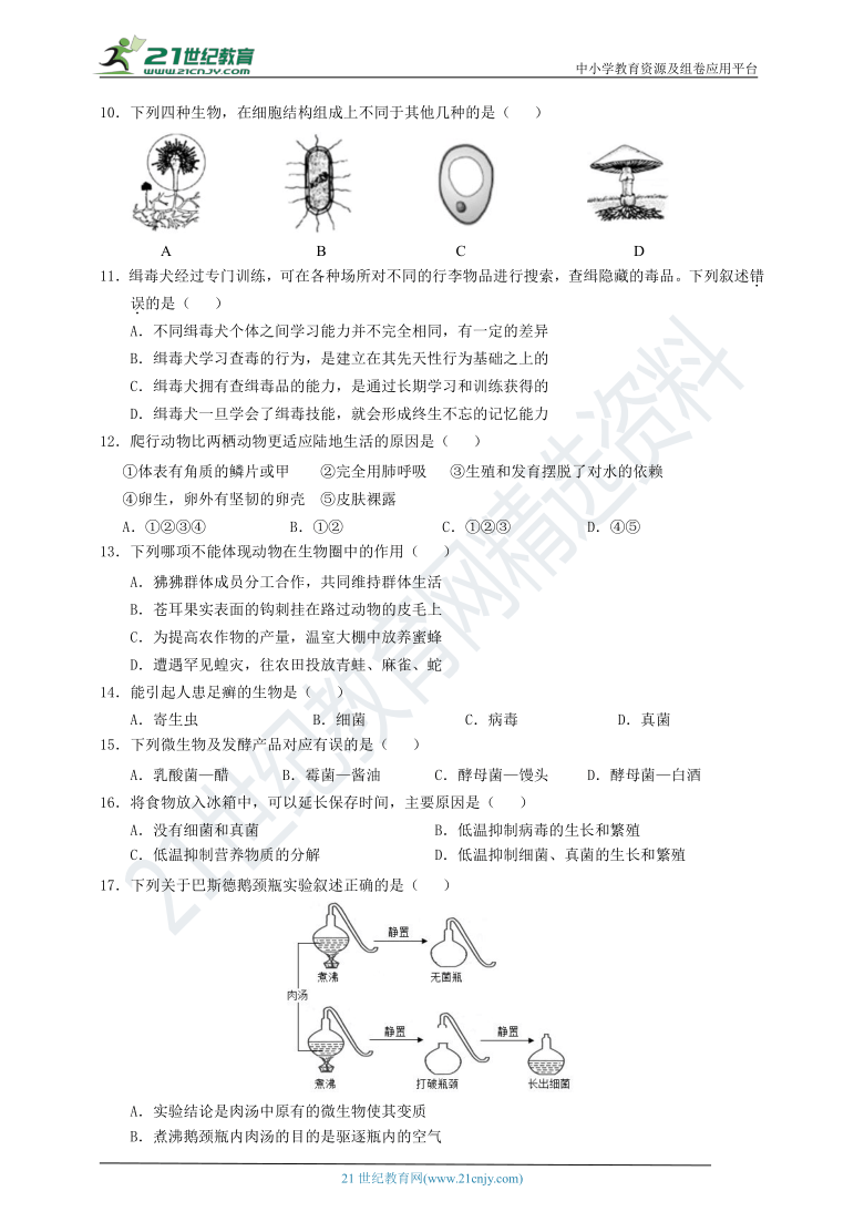 人教版八年级上册生物第二次月考测试卷(含答案)