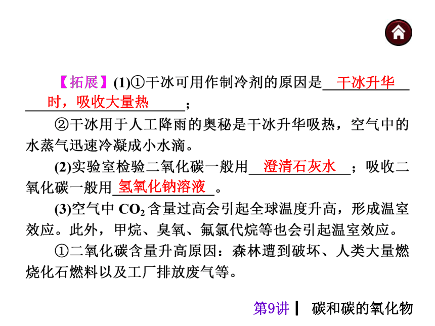 【中考夺分天天练】2014年中考化学（天津）总复习课件（自主梳理+热身反馈+典例分析+名师预测）：第9讲　碳和碳的氧化物（共35张PPT）