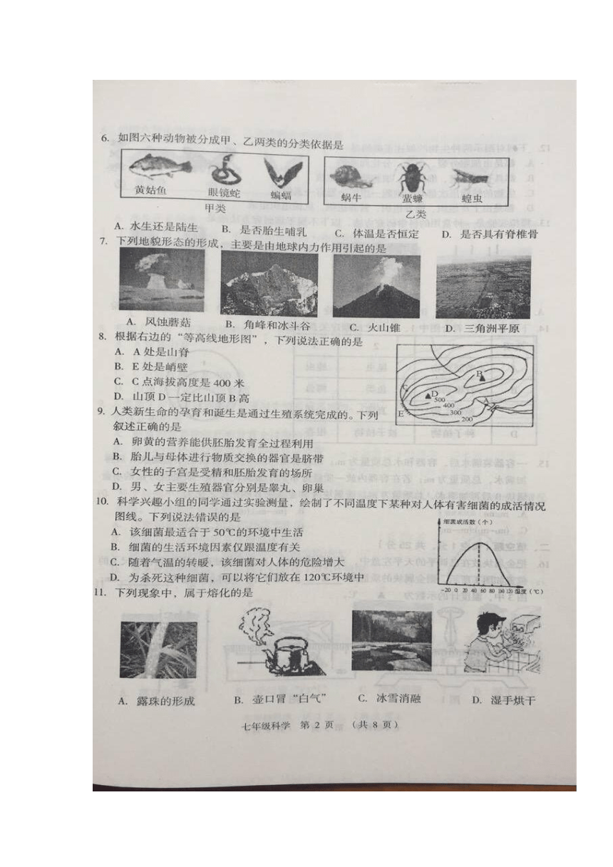 嵊州市2017学年第一学期期末学业成绩调测七年级科学试卷（图片版 含答案）