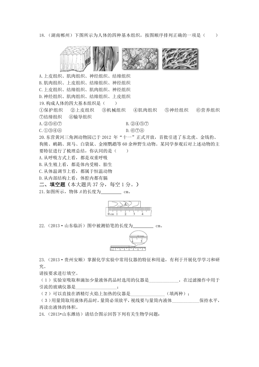 2013学年七年级科学上册期中检测题（到第2章结束）