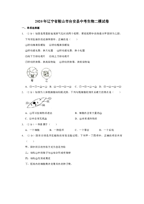 2020年辽宁省鞍山市台安县中考生物二模试卷（word版含解析）