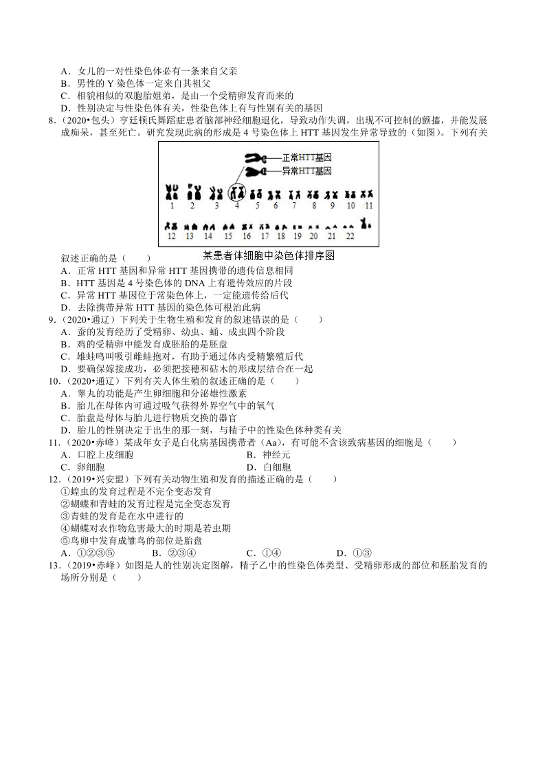 内蒙古2018-2020年近三年中考生物试题分类（5）——生物的生殖、发育、遗传(含解析)