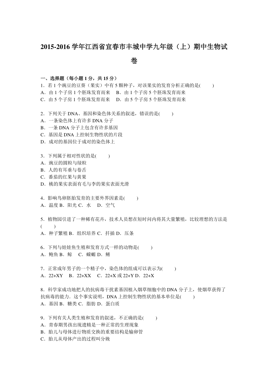 江西省宜春市丰城中学2016届九年级上学期期中生物试卷【解析版】