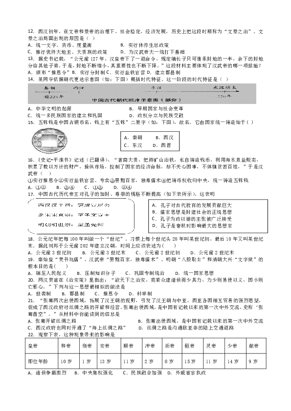 2019中考历史专项选择题训练中国古代史---秦  汉  时  期