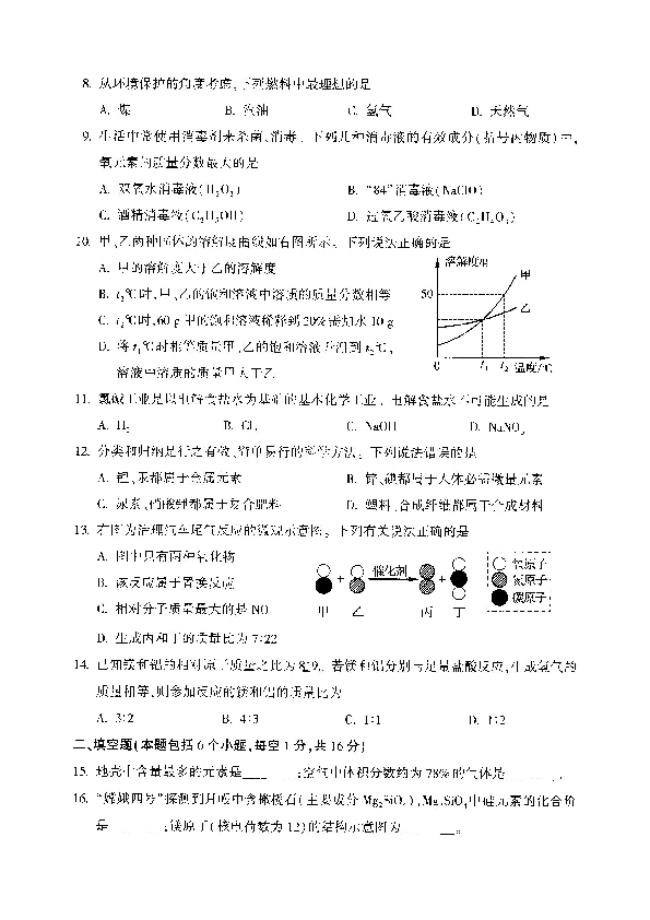 河南省2020年普通高中招生考试试卷化学（图片版，含答案）