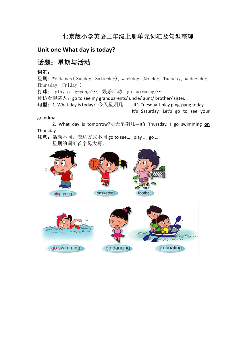 北京版小学英语二年级上册单元词汇及句型整理