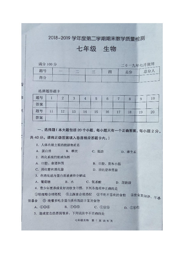 四川省简阳市2018-2019学年七年级下学期期末考试生物试题（图片版   含答案）