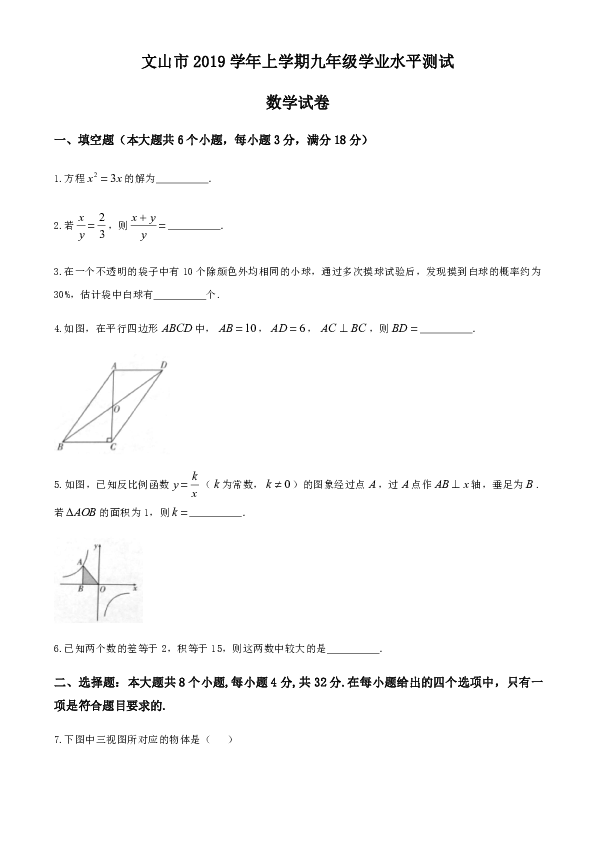 云南省文山市2019-2020学年九年级上学期期末学业水平测试数学试题（含答案）