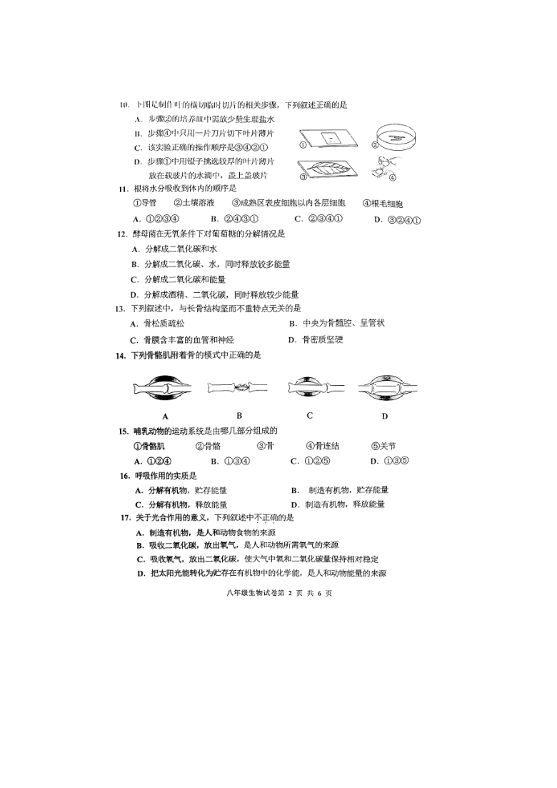 河北省唐山市路南区2020-2021学年八年级上学期期末考试生物试题 （PDF版含答案）