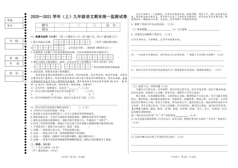 内蒙古赤峰市宁城县2021届九年级上学期期末考试语文试题（word版含答案）