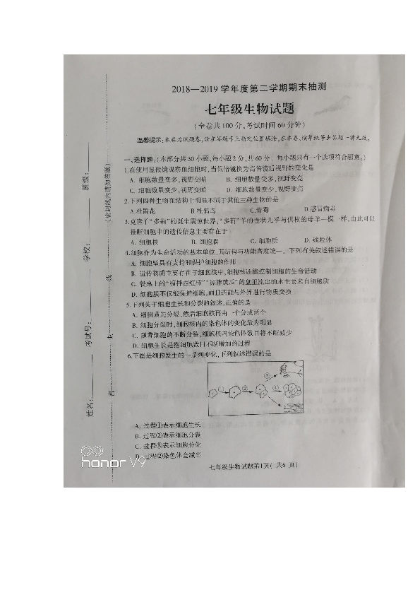 江苏省徐州市2018-2019学年度第二学期期末抽测七年级生物试题