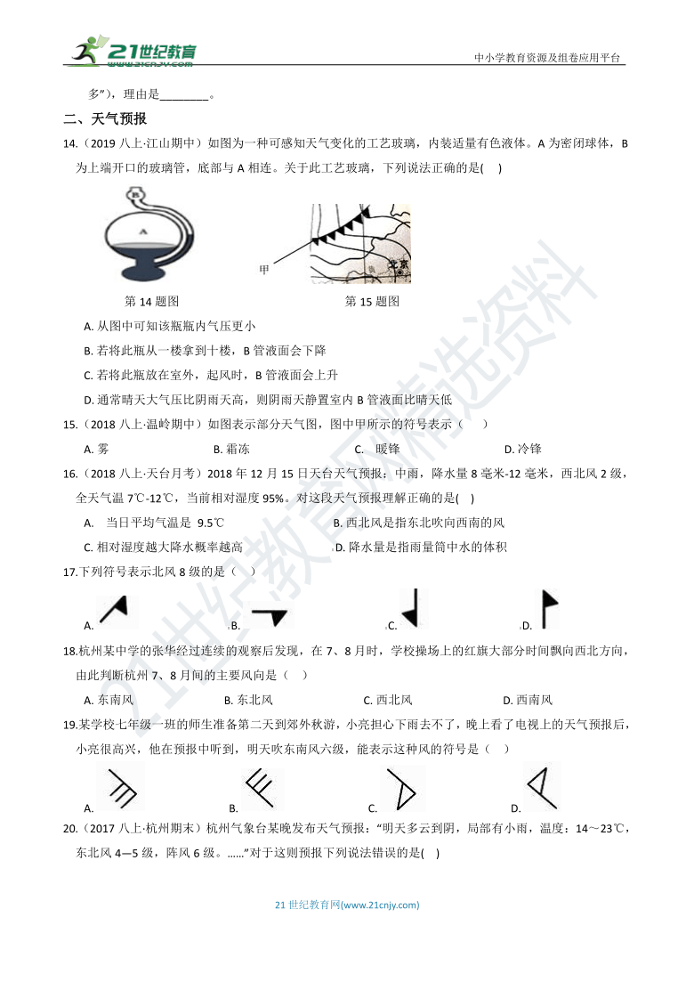 【8年级上册同步重难点集训】08 第2章 4-5节   风和降水 天气预报（含答案）