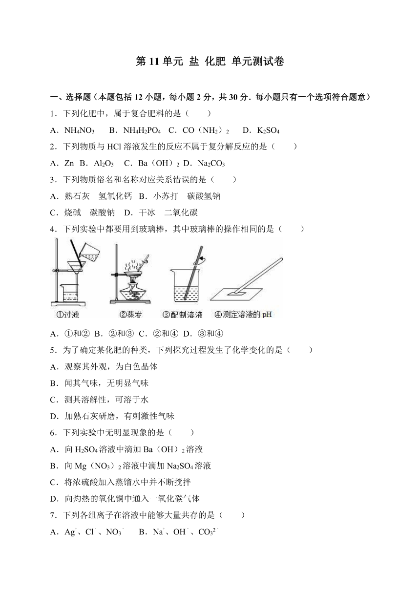 第11单元 盐 化肥 单元测试（含答案）