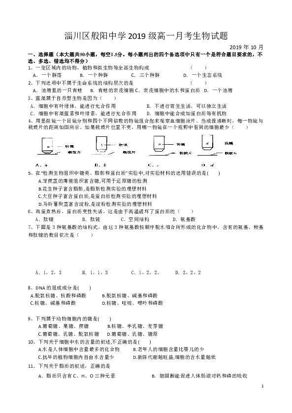 山东省般阳中学2019-2020学年高一10月月考生物试题