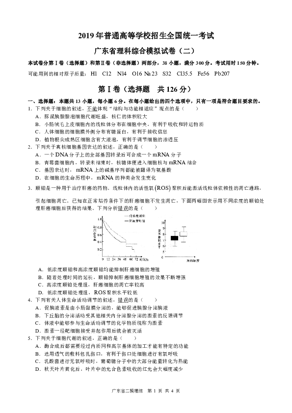 广东省2019届高三综合模拟考试（二模）理综试题