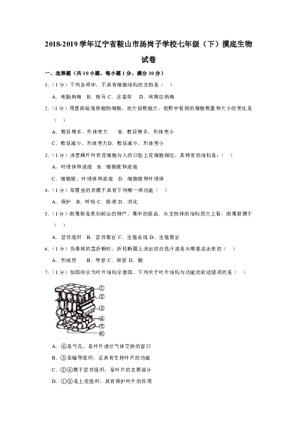 2018-2019学年辽宁省鞍山市汤岗子学校七年级（下）摸底生物试卷