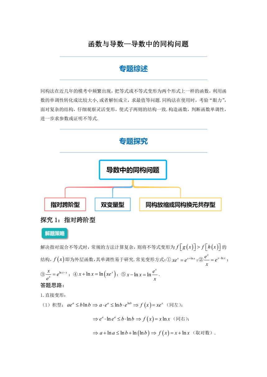 2022年高三数学二轮专题复习：导数中的同构问题 讲义（Word版含解析）