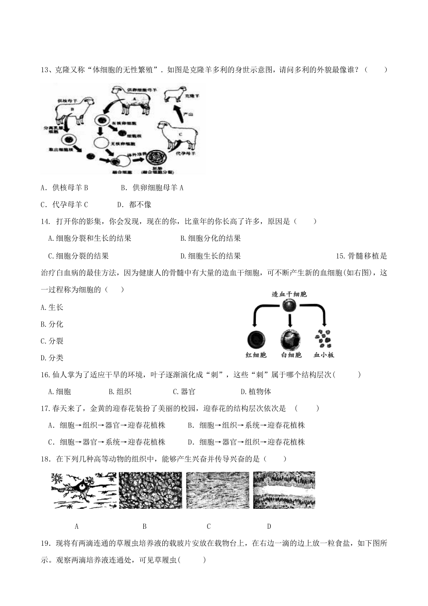 江苏省沛县龙固中学2017-2018学年七年级下学期第一次质量检测生物试题(含答案）