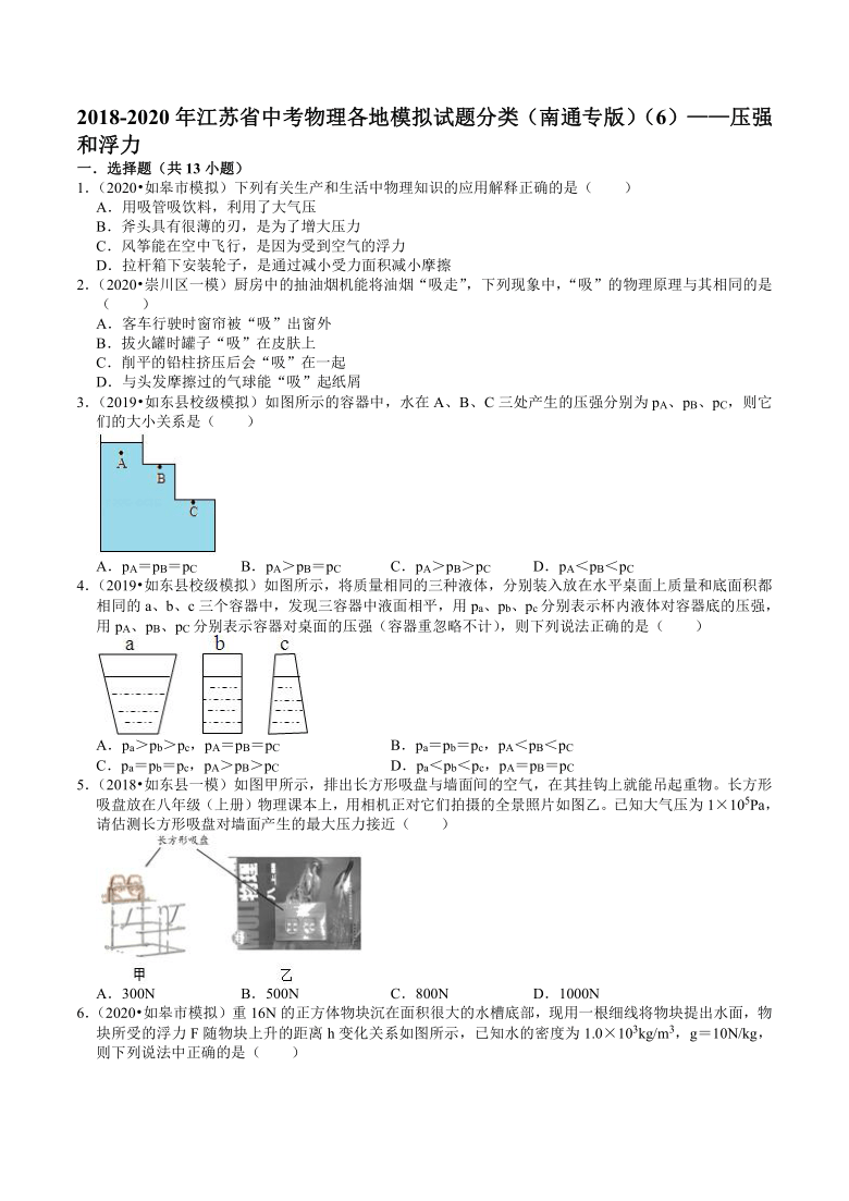 2018-2020年江苏省中考物理各地模拟试题分类（南通专版）（6）——压强和浮力（含答案）