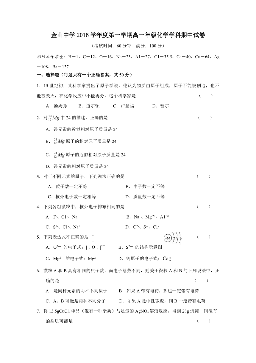 上海市金山中学2016-2017学年高一上学期期中考试化学试题