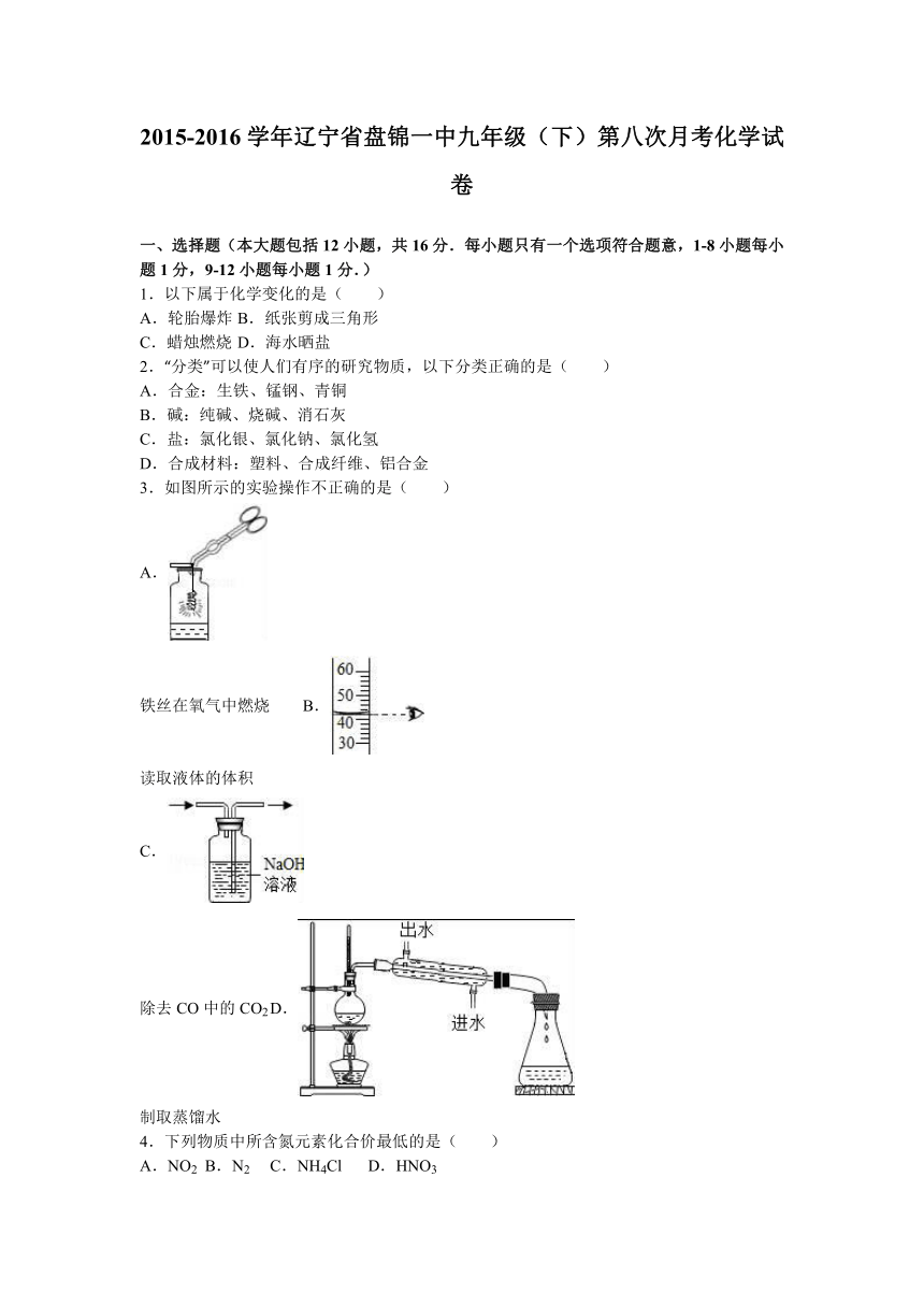 辽宁省盘锦一中2015-2016学年九年级（下）第八次月考化学试卷（解析版）